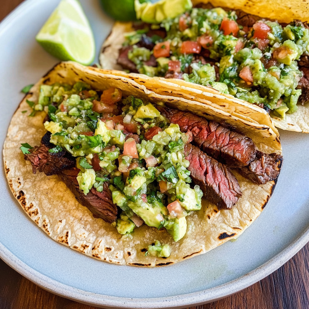 Recipe preparation for Grilled Steak Tacos with Avocado Salsa