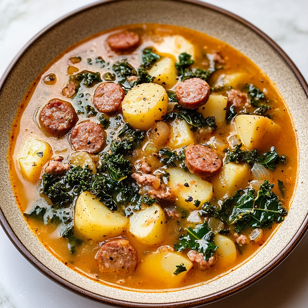 Recipe preparation for Smokey Sausage Potato & Kale Soup