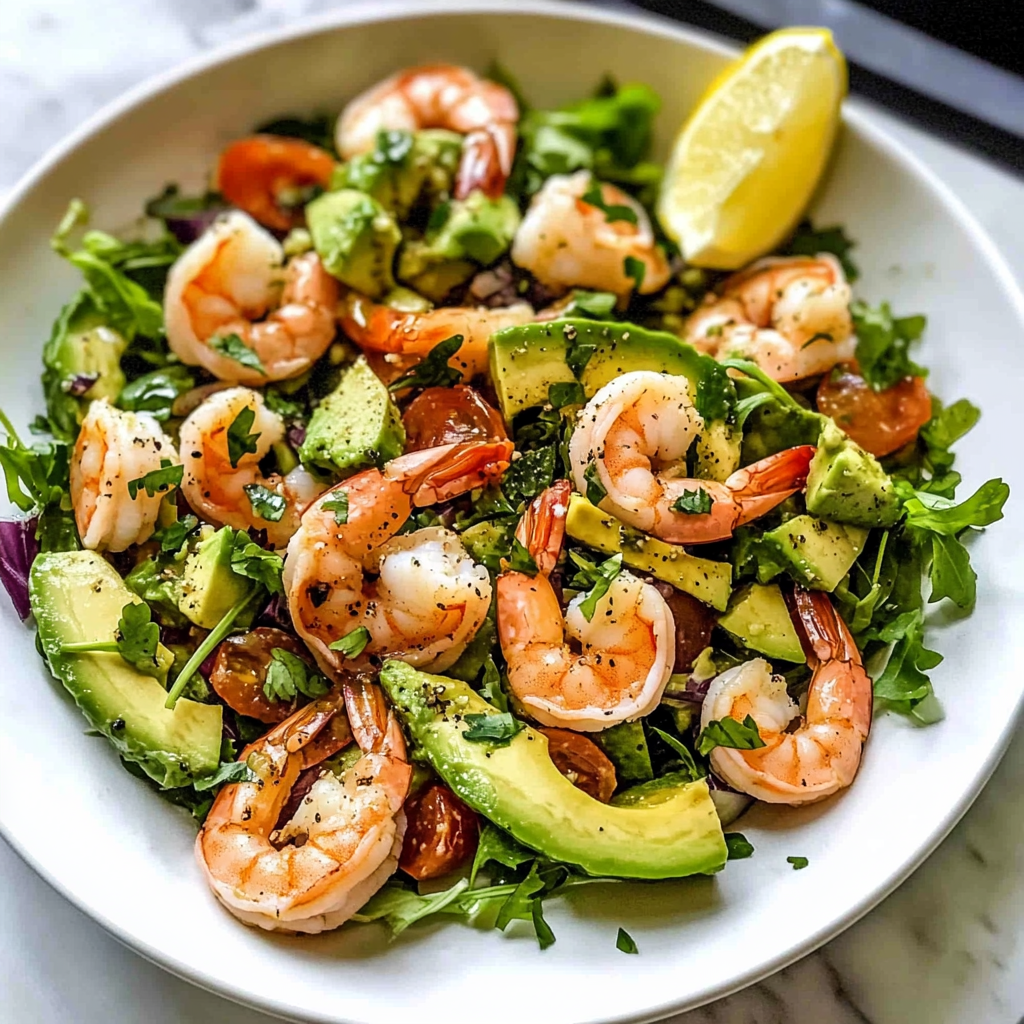 Recipe preparation for Healthy Avocado Salsa Shrimp Salad