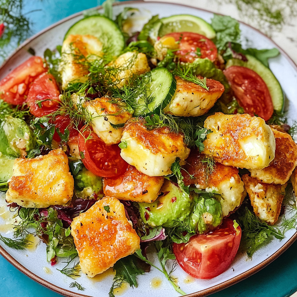 Recipe preparation for Crispy Torn Halloumi Salad