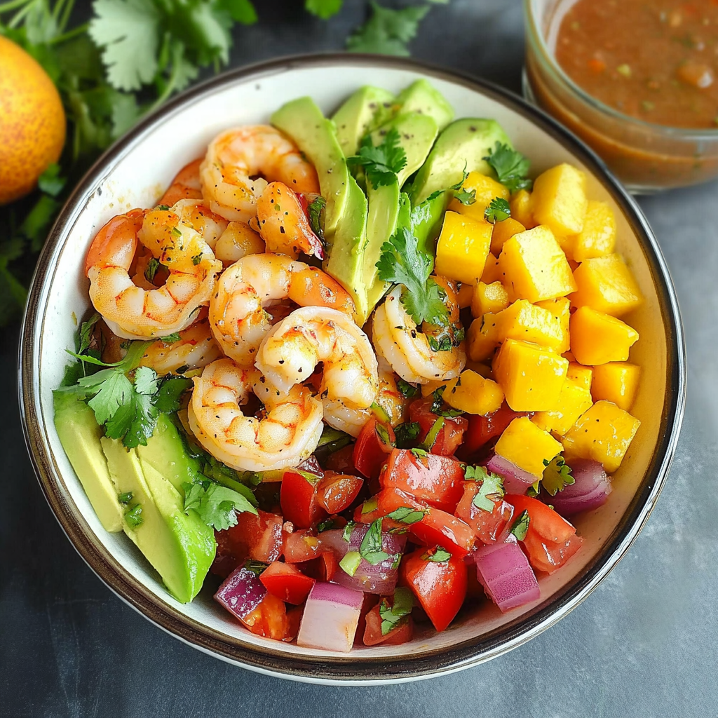 Recipe preparation for Shrimp and Avocado Bowls with Mango Salsa & Lime-Chili Sauce