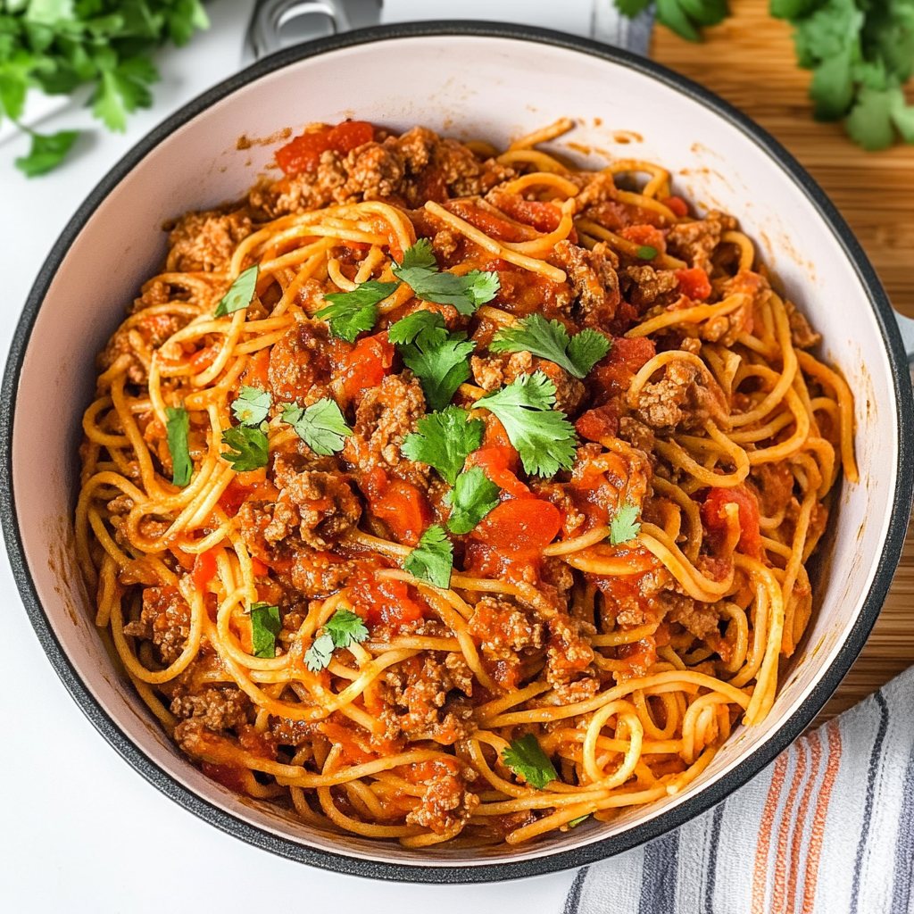 Recipe preparation for One Pot Taco Spaghetti