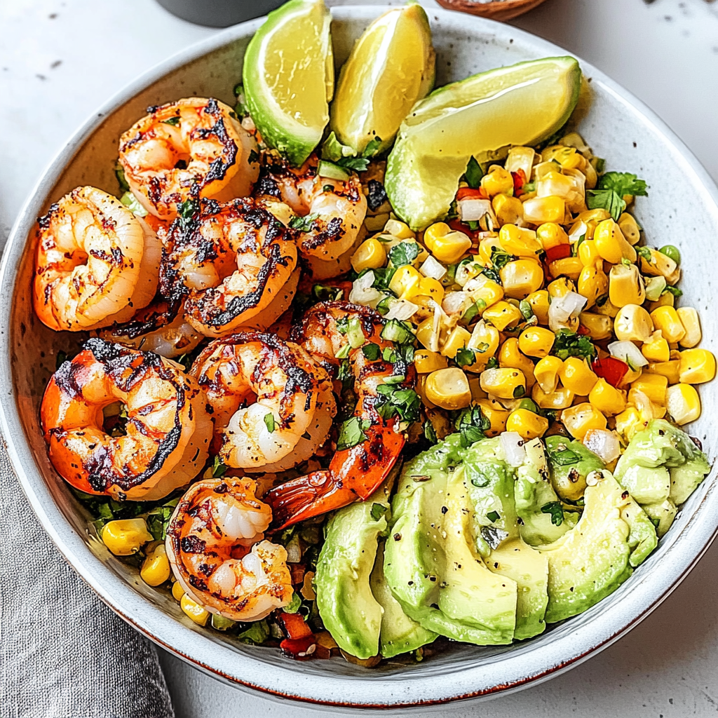 Recipe preparation for Grilled Shrimp Bowl with Avocado, Corn Salsa & Creamy Garlic Sauce