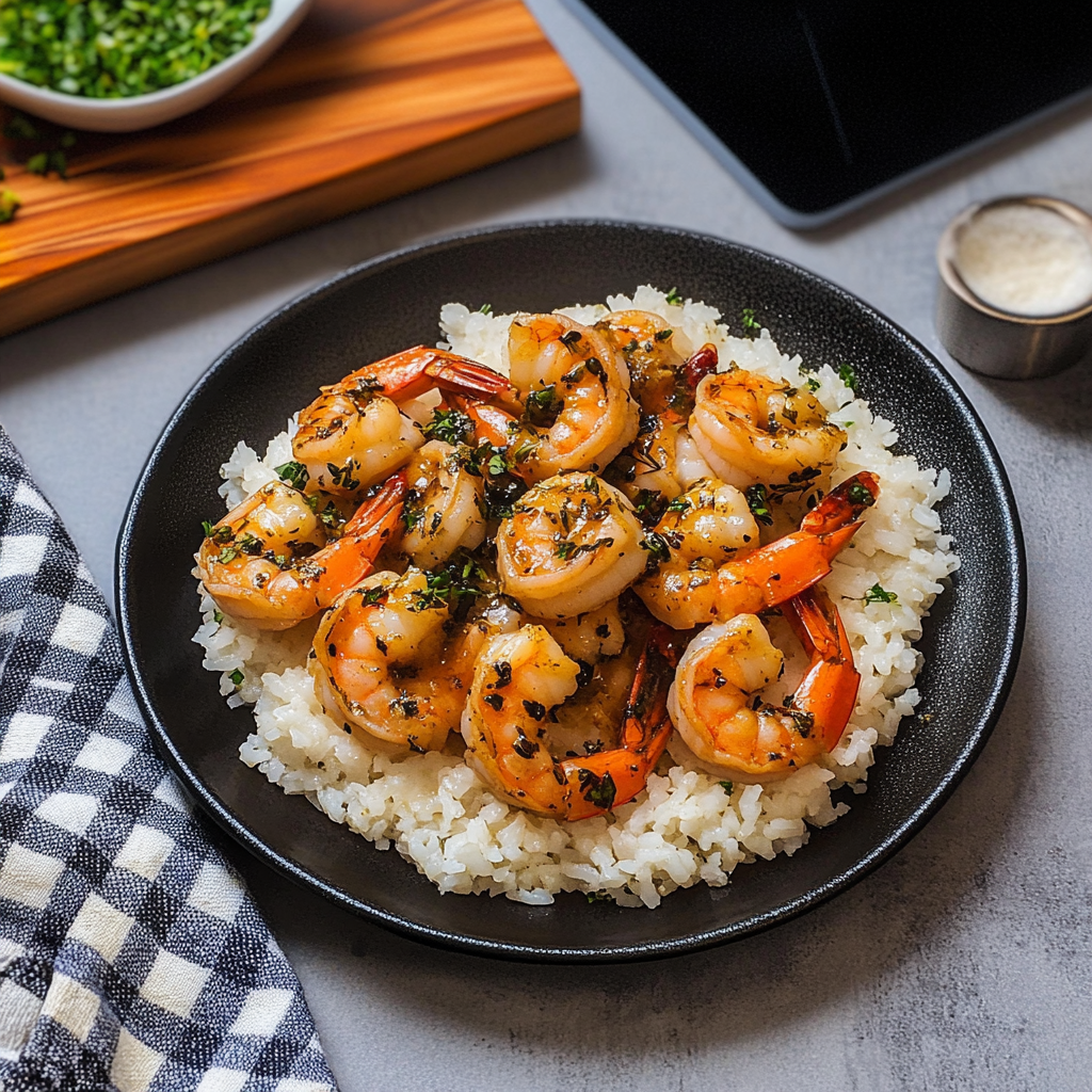 Recipe preparation for Garlic Butter Shrimp Bowl Recipe with Creamy Herb Rice