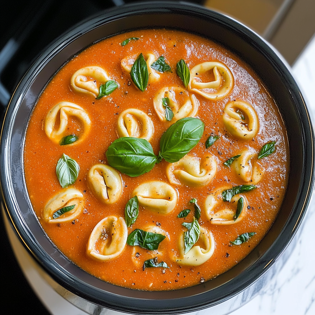 Recipe preparation for Creamy Tomato Basil Tortellini Soup