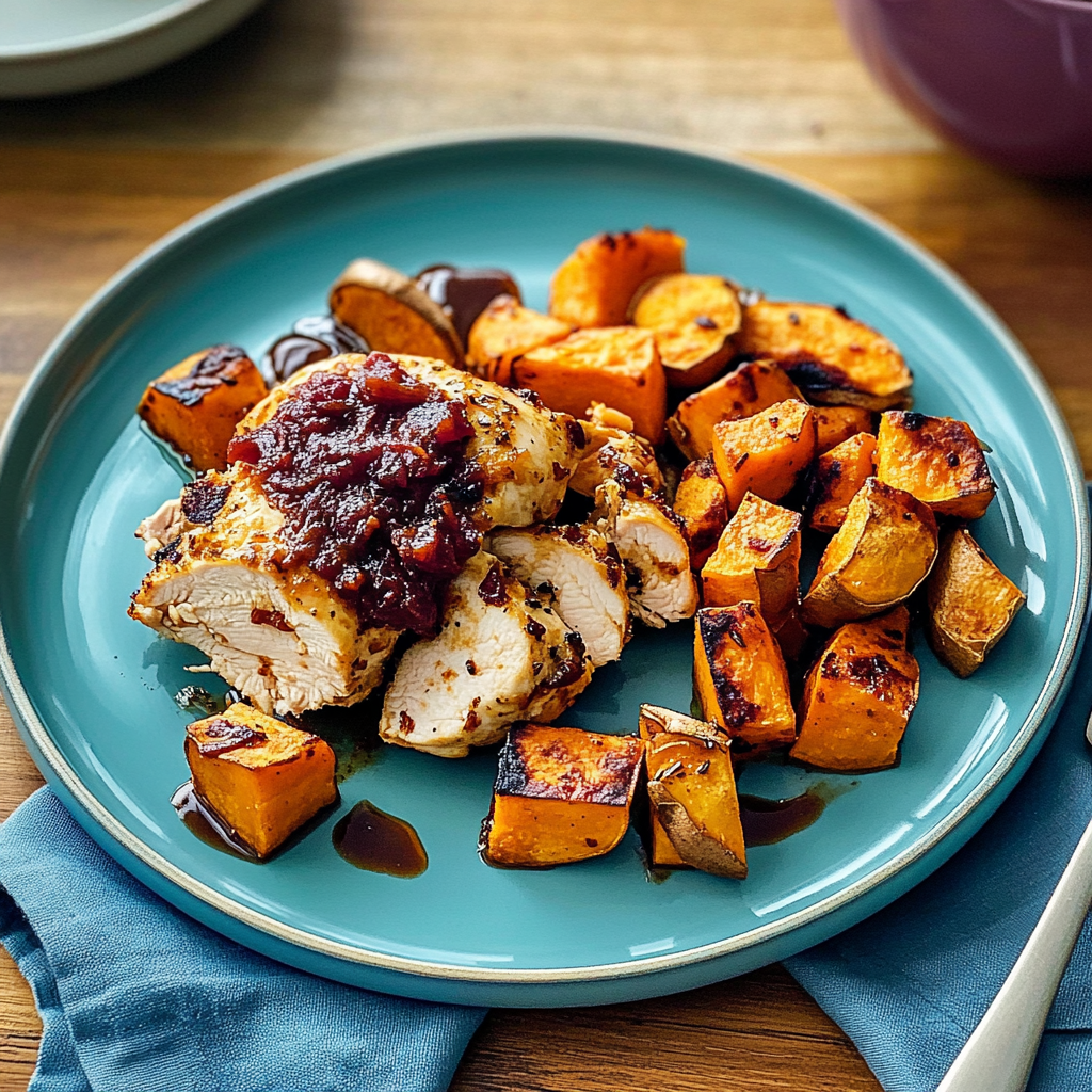 Recipe preparation for Sheet Pan BBQ Chicken and Sweet Potatoes