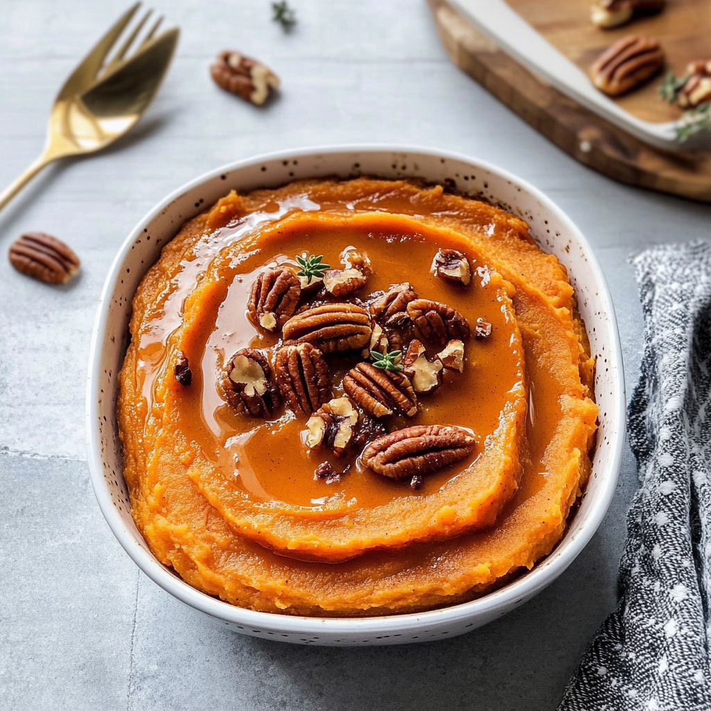 Recipe preparation for Maple Pecan Sweet Potato Mash
