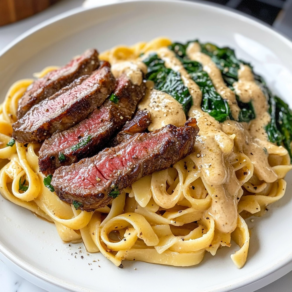 Recipe preparation for Creamy Spicy Garlic Butter Steak and Pasta Recipe