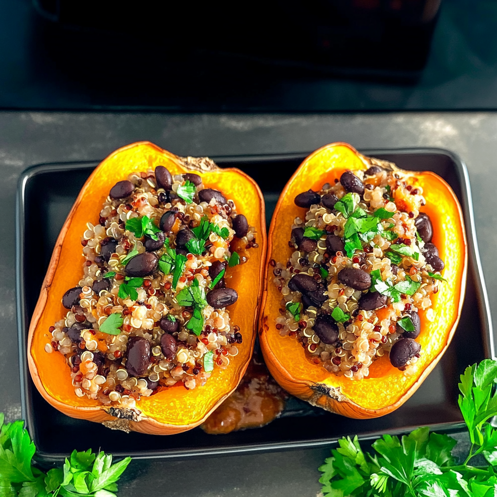 Recipe preparation for Stuffed Butternut Squash with Quinoa and Black Beans