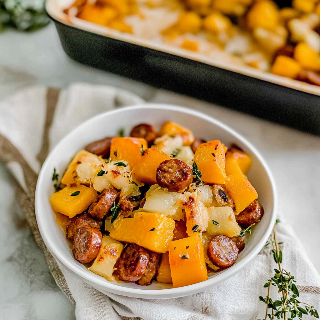 Recipe preparation for Butternut Squash and Sausage Bake