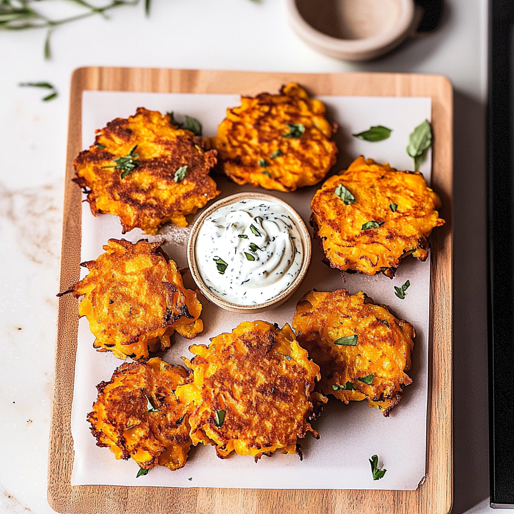Recipe preparation for Butternut Squash Fritters with Yogurt Dip