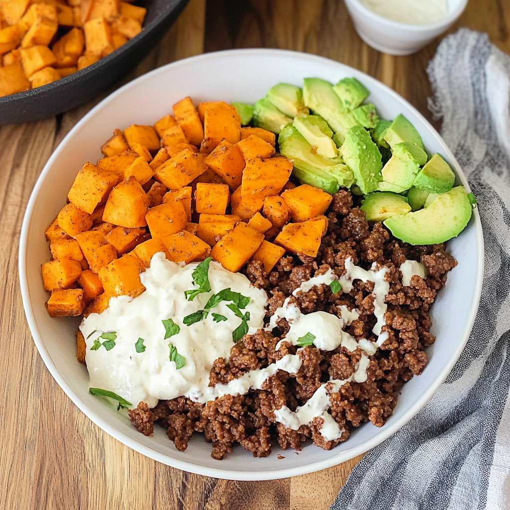 Recipe preparation for Ground Beef Sweet Potato Power Bowl