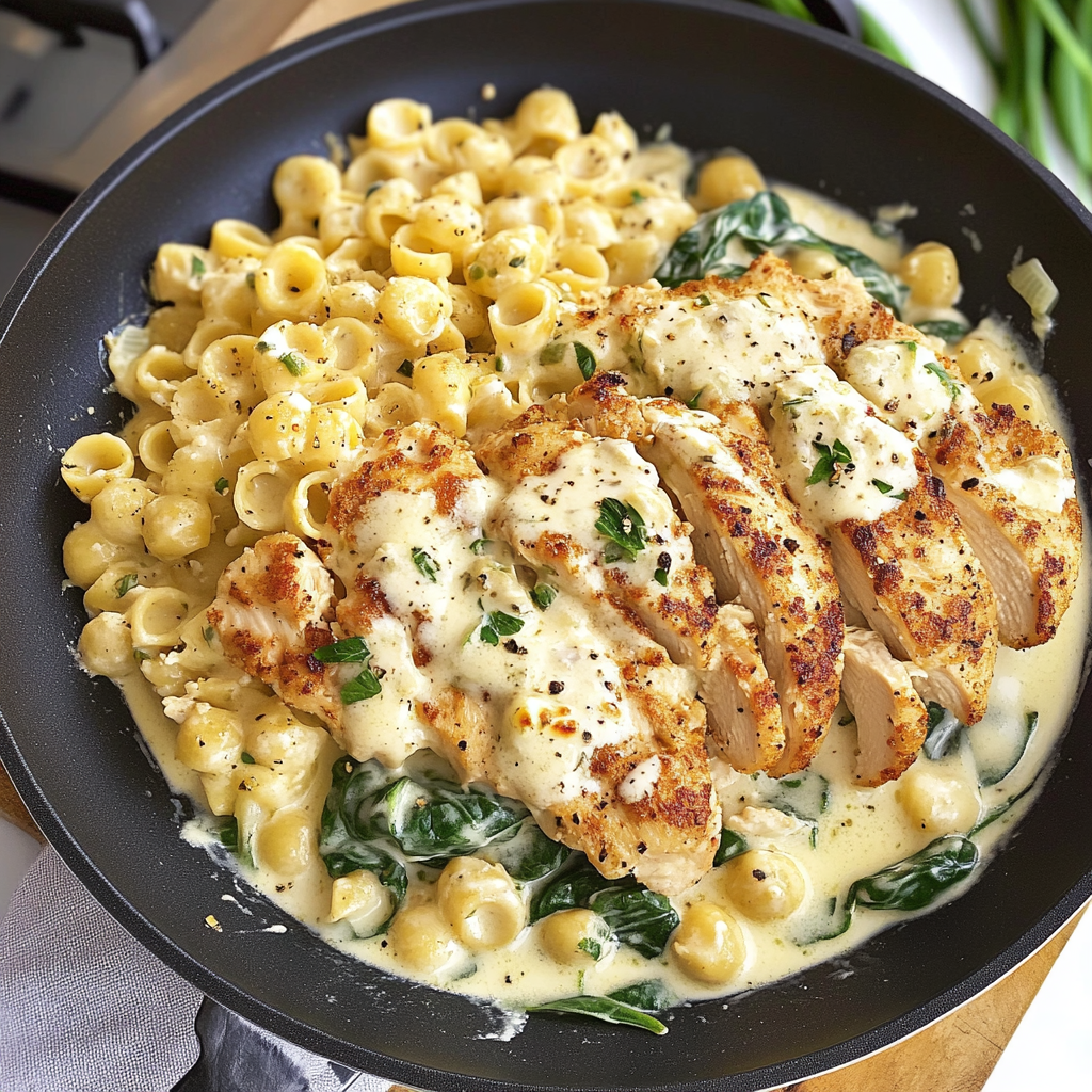 Recipe preparation for Creamy Spinach-Artichoke Greek Chicken Alfredo Recipe