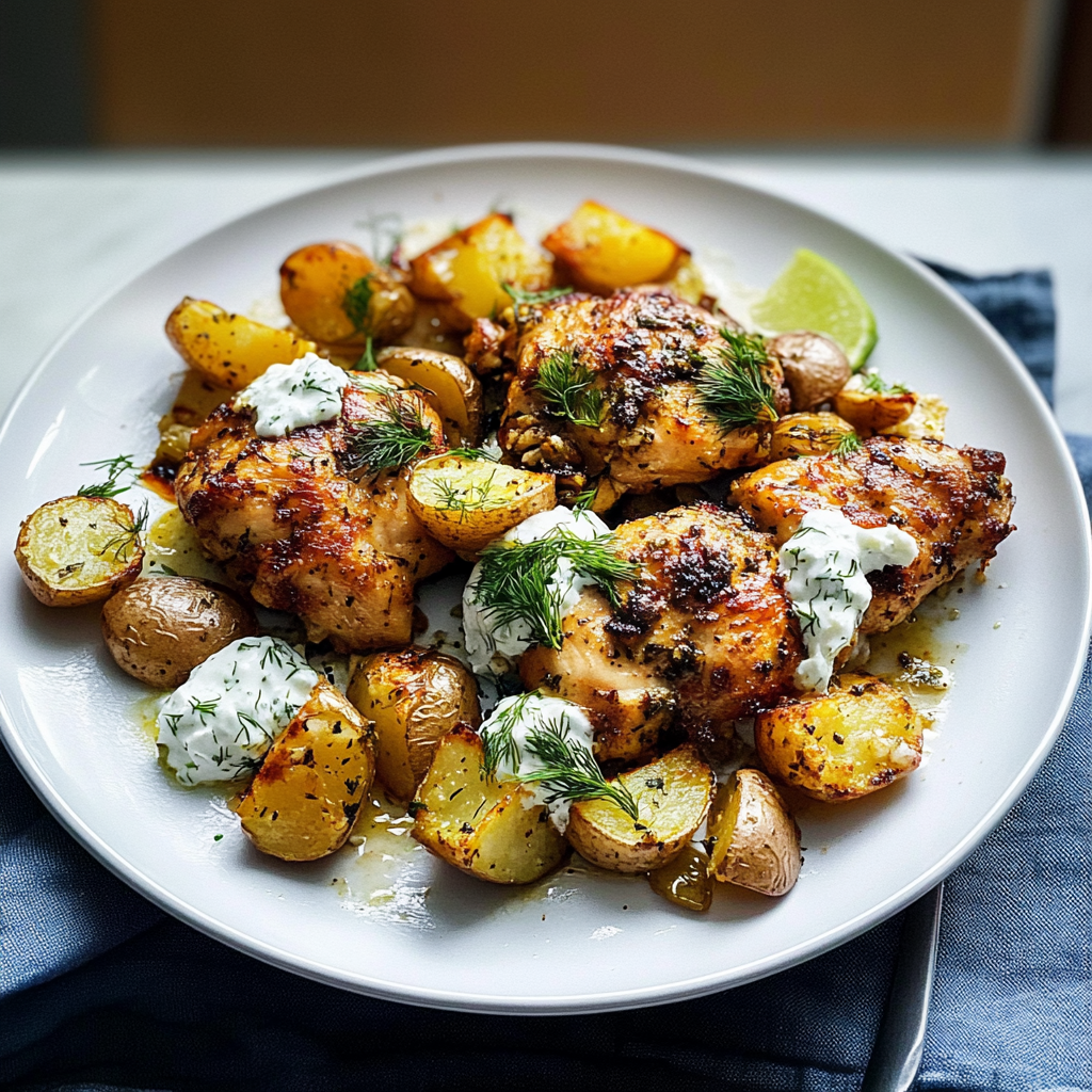 Recipe preparation for Spicy Yogurt Marinated Chicken with Dill Feta Cream & Crispy Baby Potatoes