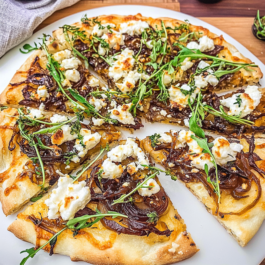 Recipe preparation for 30 minute Caramelized Onion Goat Cheese Flatbread