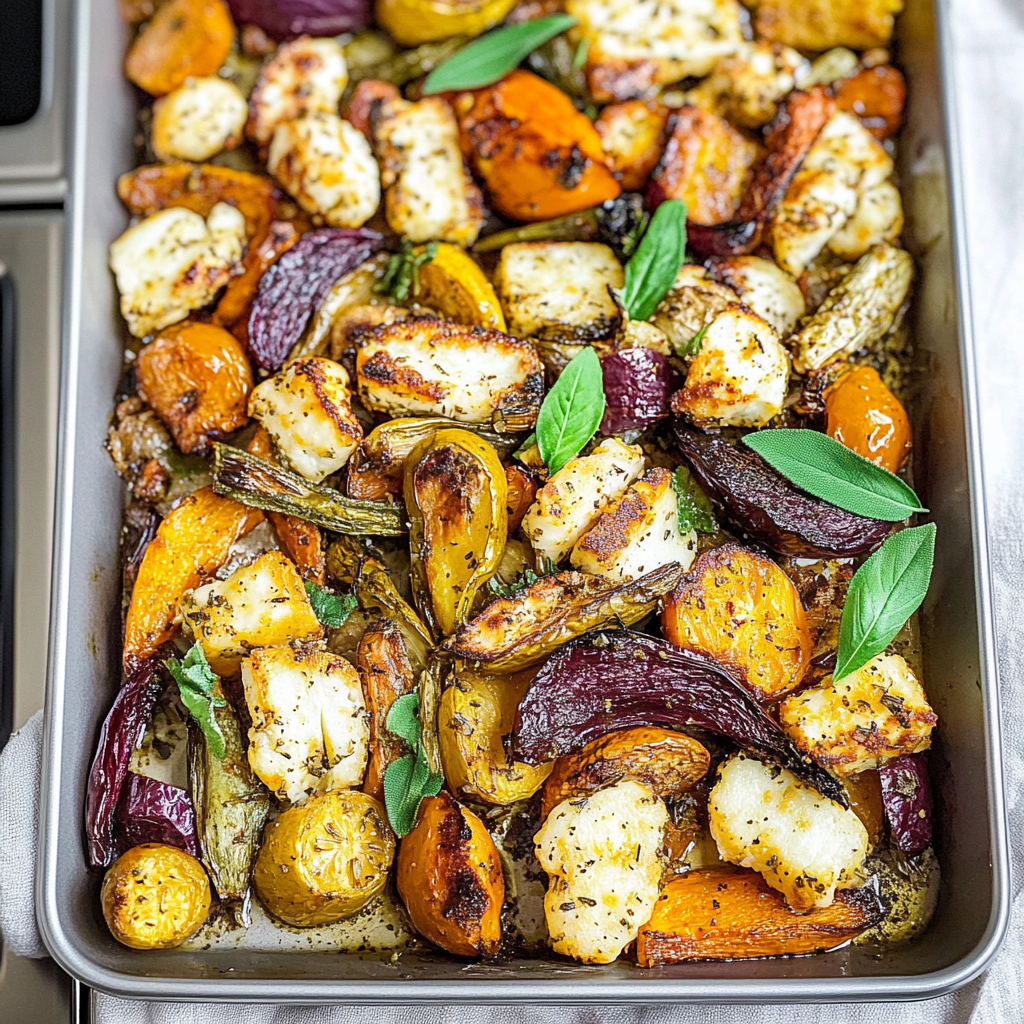 Recipe preparation for Za’atar Roasted Halloumi & Autumn Veggies