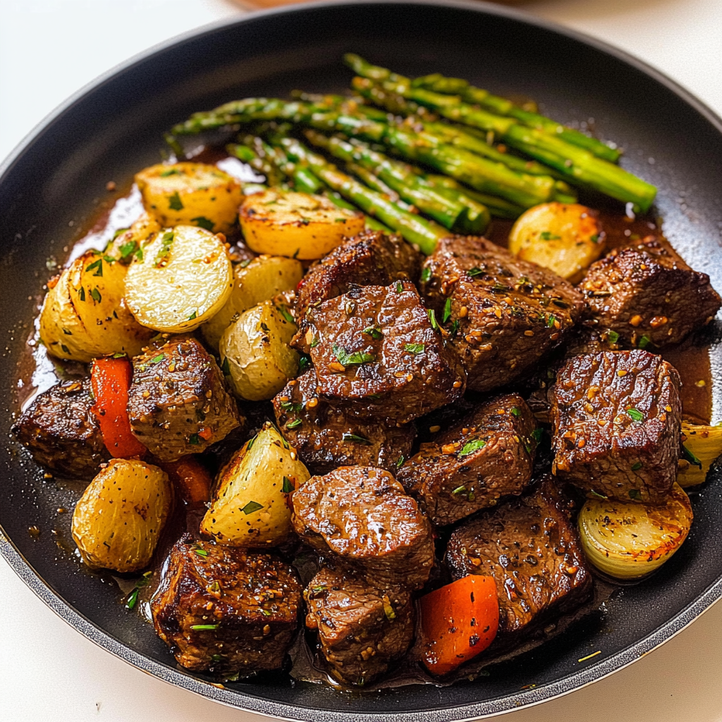 Recipe preparation for Roasted Garlic Herb Steak Tips with Vegetables