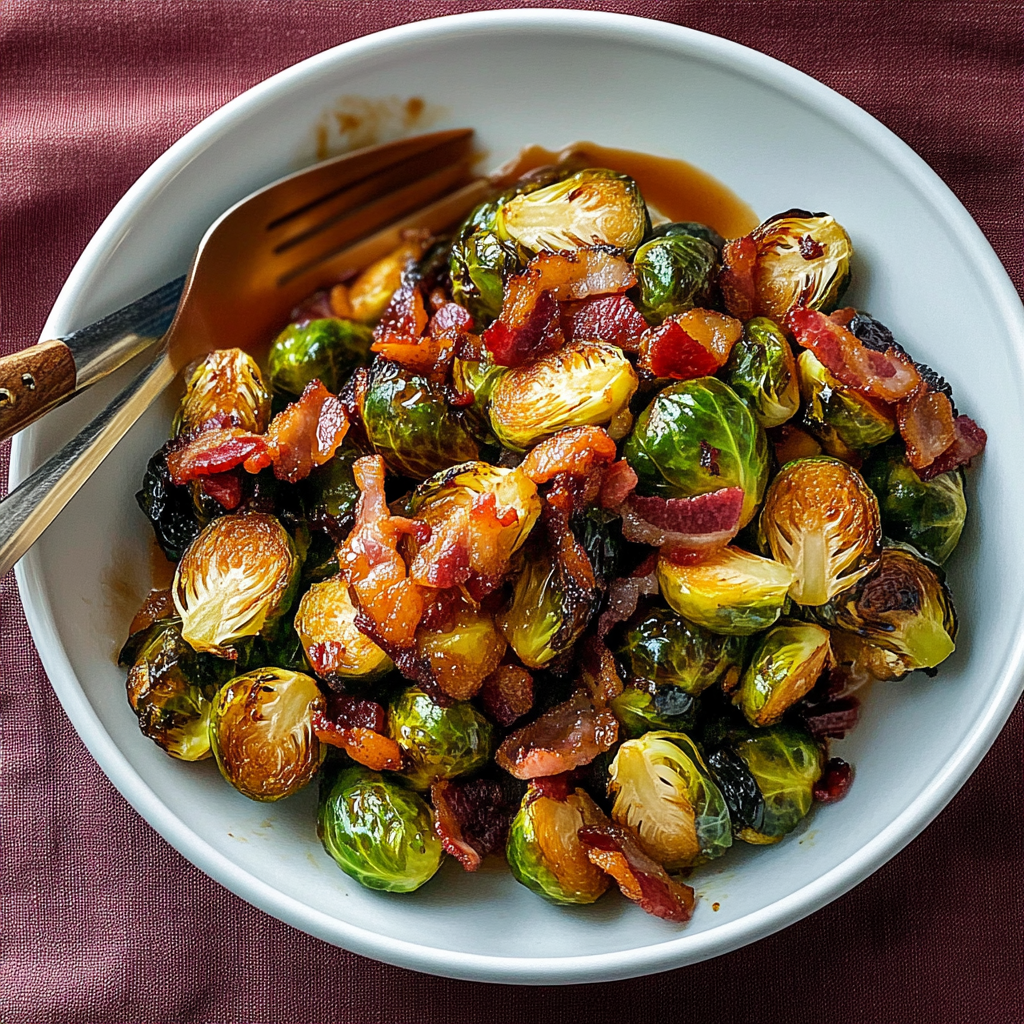 Recipe preparation for Maple Dijon Brussels Sprout & Bacon Medley