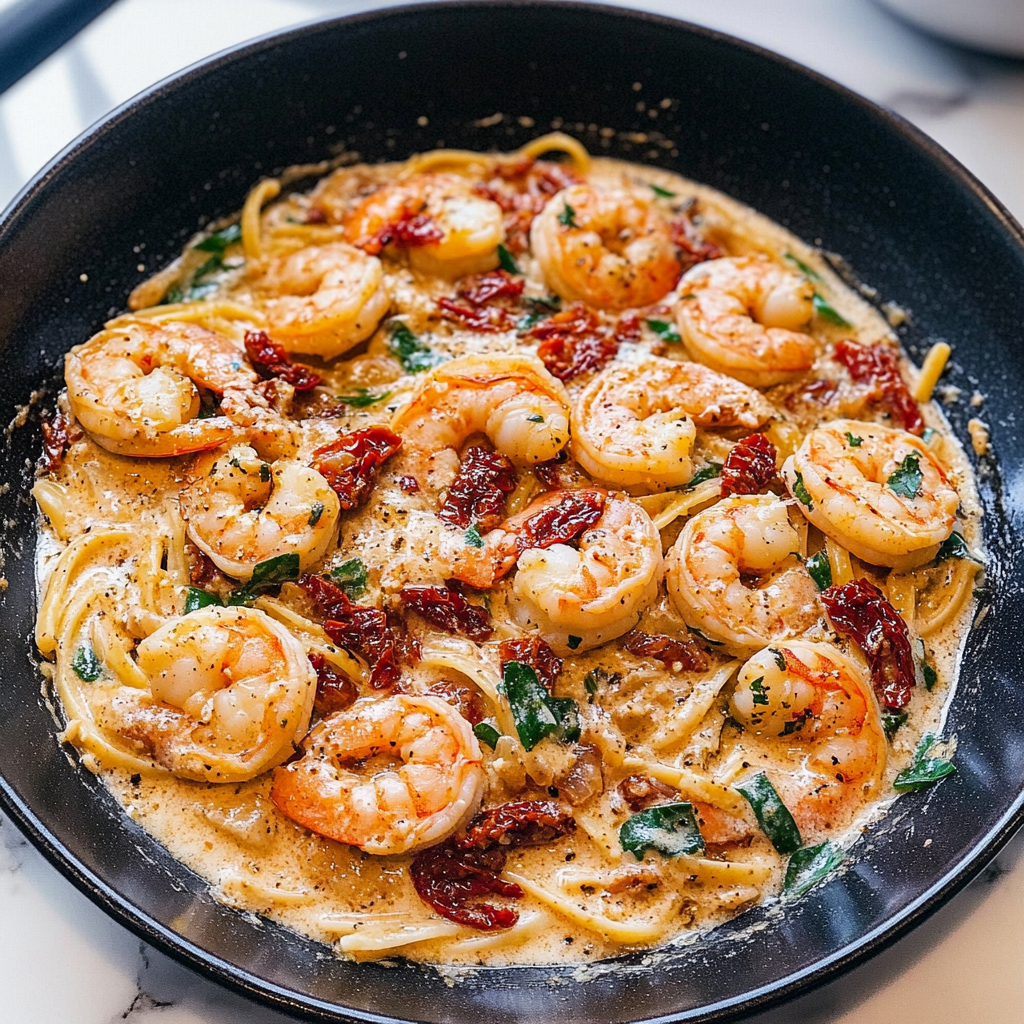 Recipe preparation for 30 minute Creamy Sun-Dried Tomato Shrimp Linguine