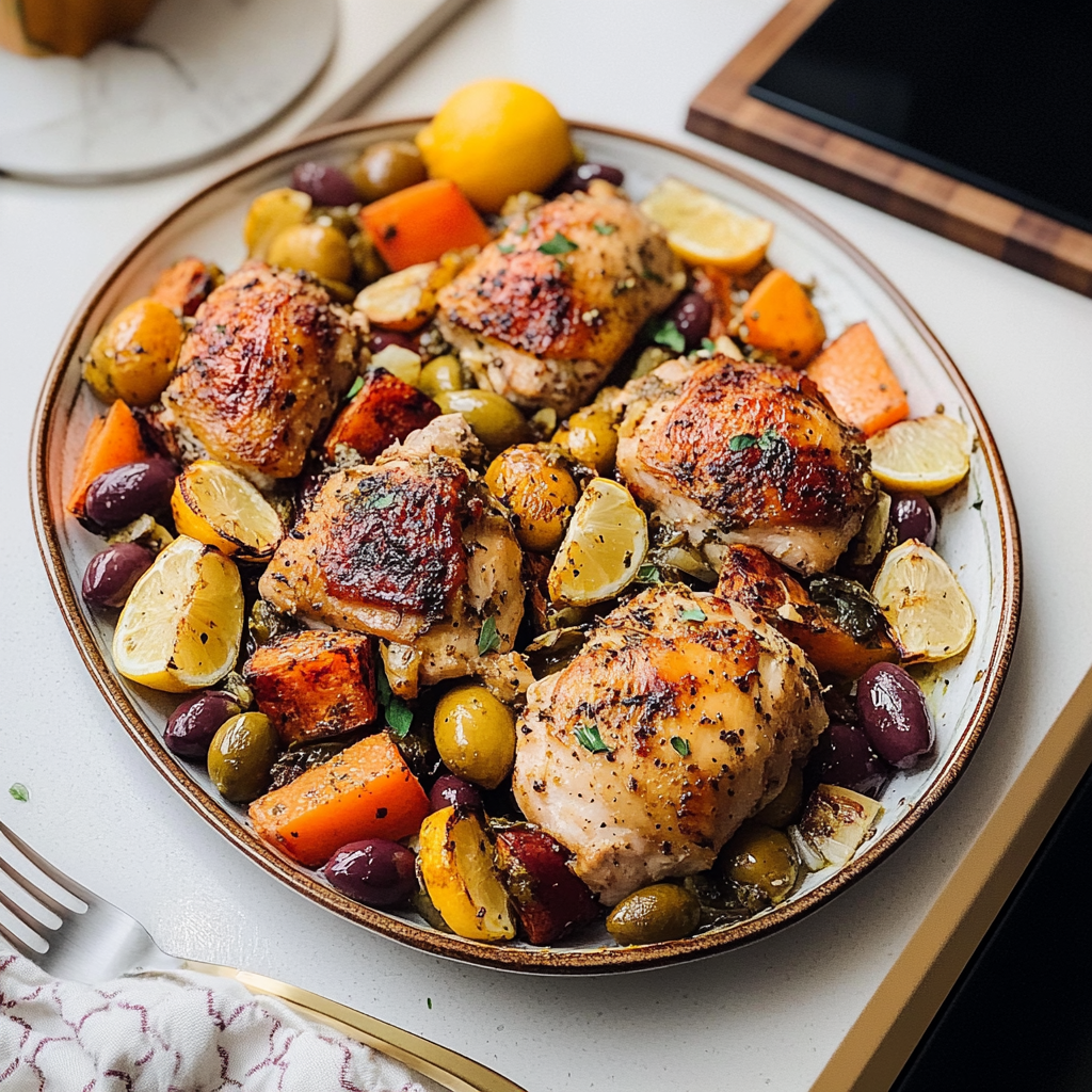 Recipe preparation for Sheet Pan Mediterranean Lemon-Olive Chicken & Veggies