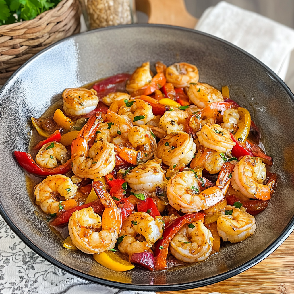 Recipe preparation for Chili Garlic Shrimp with Rainbow Peppers