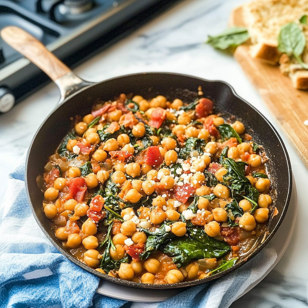 Recipe preparation for 30 minute Mediterranean Chickpea & Spinach Skillet