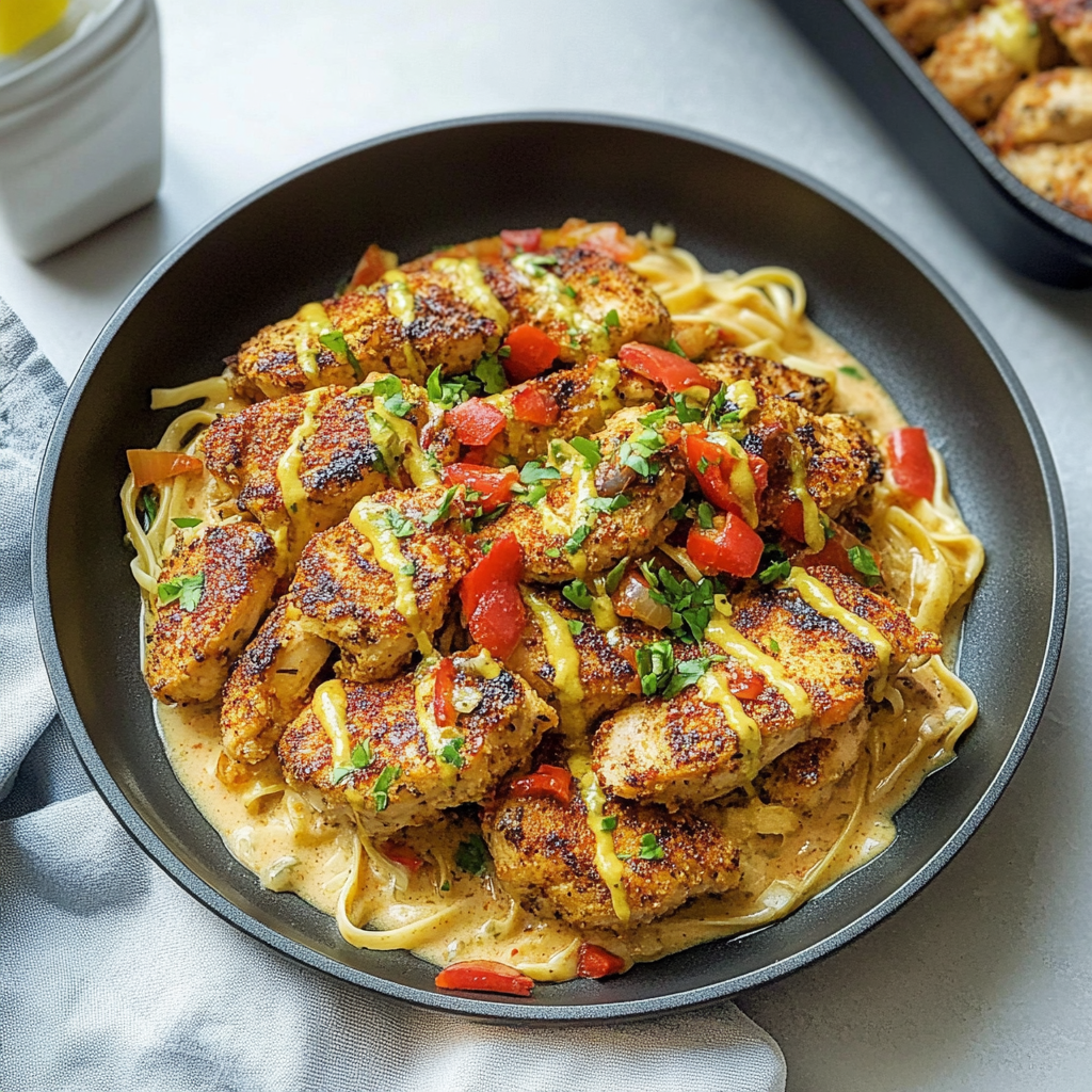 Recipe preparation for Lemon Pepper Chicken Bites & Roasted Red Pepper Cajun Alfredo Twists