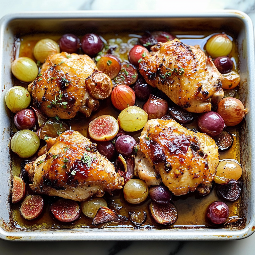 Recipe preparation for Sheet Pan Balsamic Fig Chicken with Red Onions & Grapes