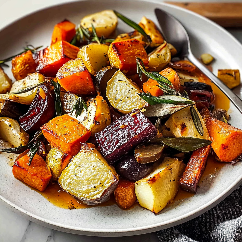 Recipe preparation for Roasted Root Vegetables Traybake