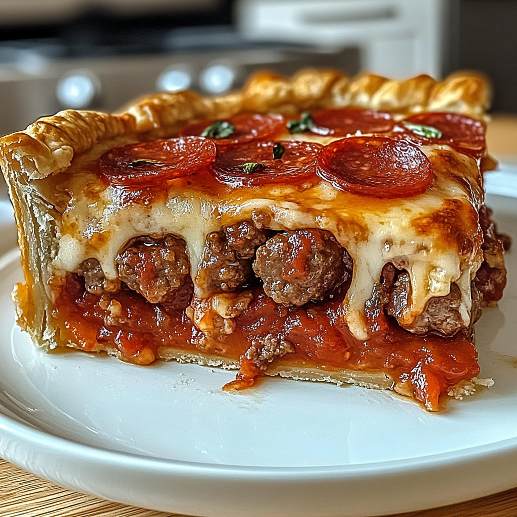 Recipe preparation for Deep Hamburger Sausage & Pepperoni Pie