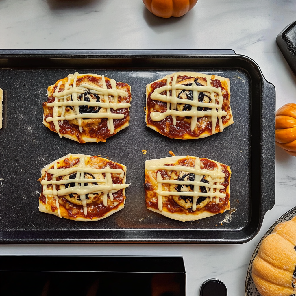 Recipe preparation for Sheet Pan Mini Halloween Pizzas