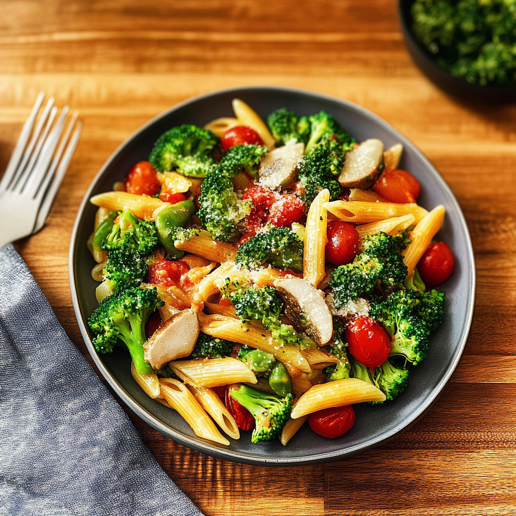 Recipe preparation for Christmas Veggie Pasta with Broccoli and Cherry Tomatoes