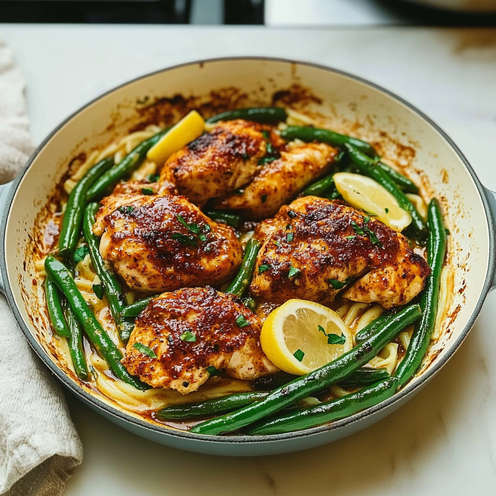 Recipe preparation for Smoky Paprika Chicken Alfredo with Lemon Feta Whip & Charred Green Beans