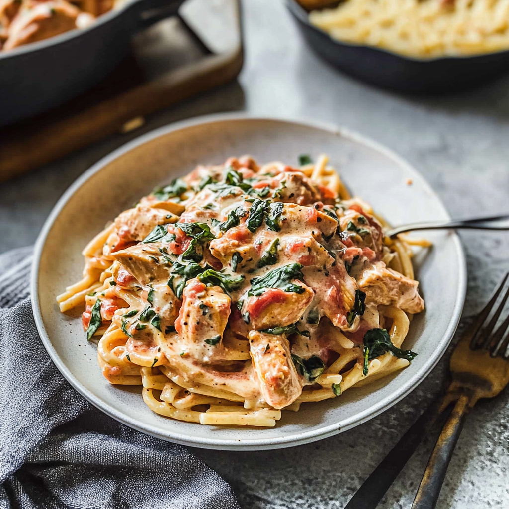 Recipe preparation for Creamy Tuscan Chicken Pasta