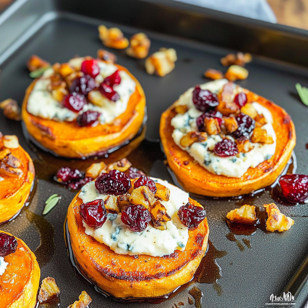 Recipe preparation for Sweet Potato Rounds with Blue Cheese & Cranberries