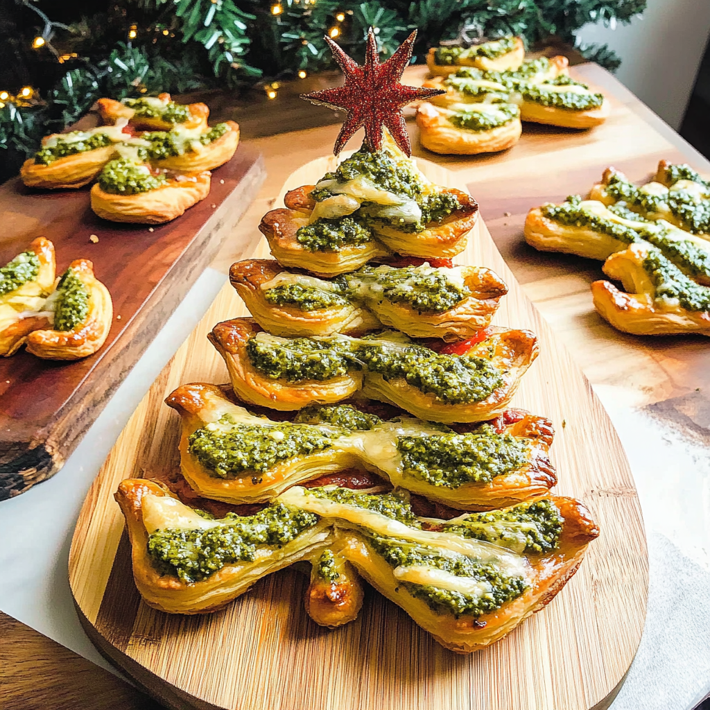 Recipe preparation for Basil Pesto Cheesy Puff Pastry Christmas Tree