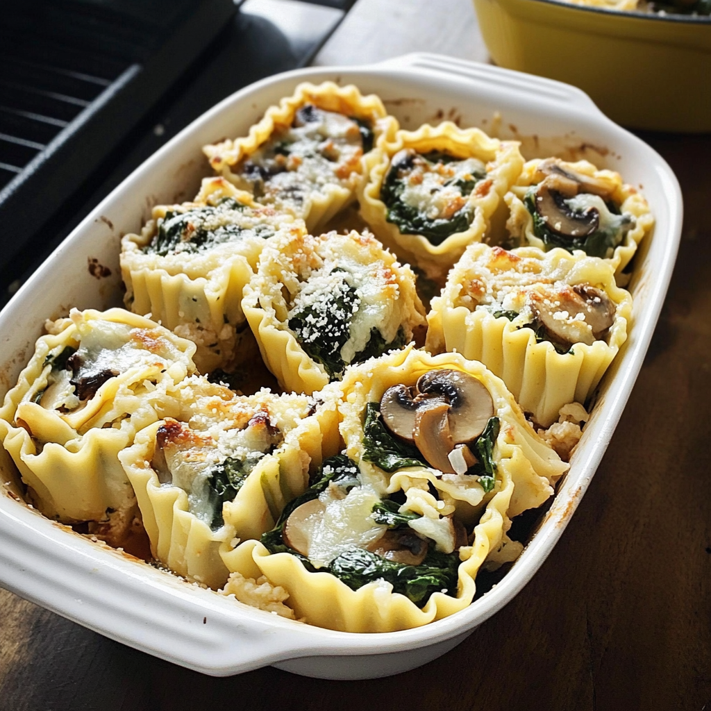 Recipe preparation for Mushroom and Spinach Lasagna Roll Ups