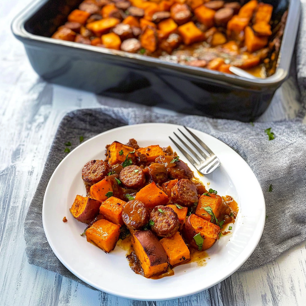 Recipe preparation for Maple Glazed Sweet Potato and Sausage Bake