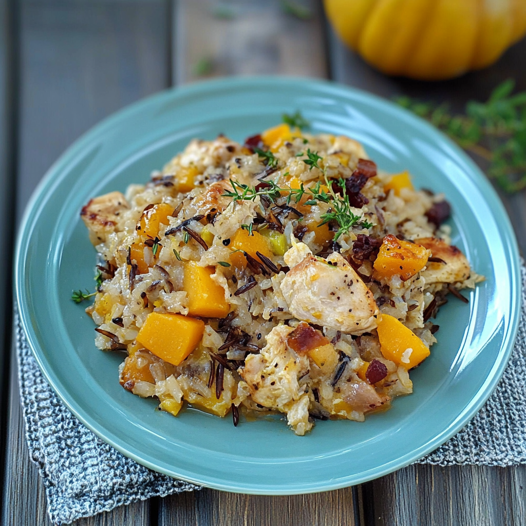 Recipe preparation for Butternut Squash, Chicken, and Wild Rice casserole