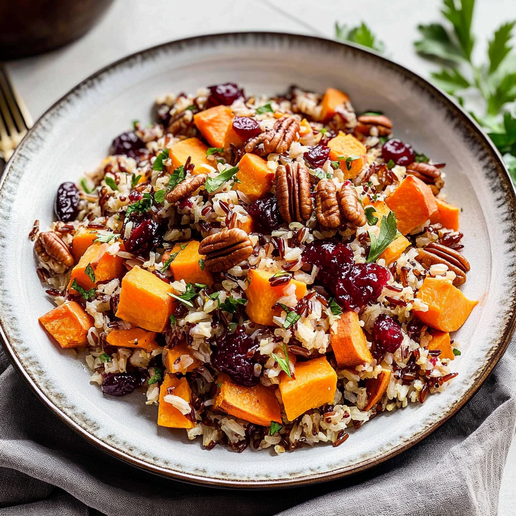 Recipe preparation for Cranberry Pecan Sweet Potato Wild Rice Pilaf