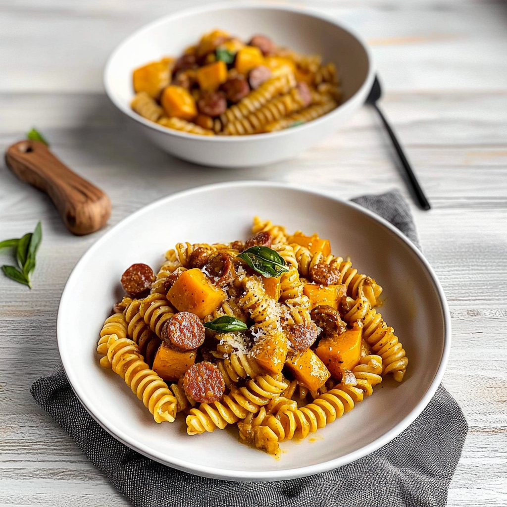 Recipe preparation for Fusilli with Pumpkin and Sausage