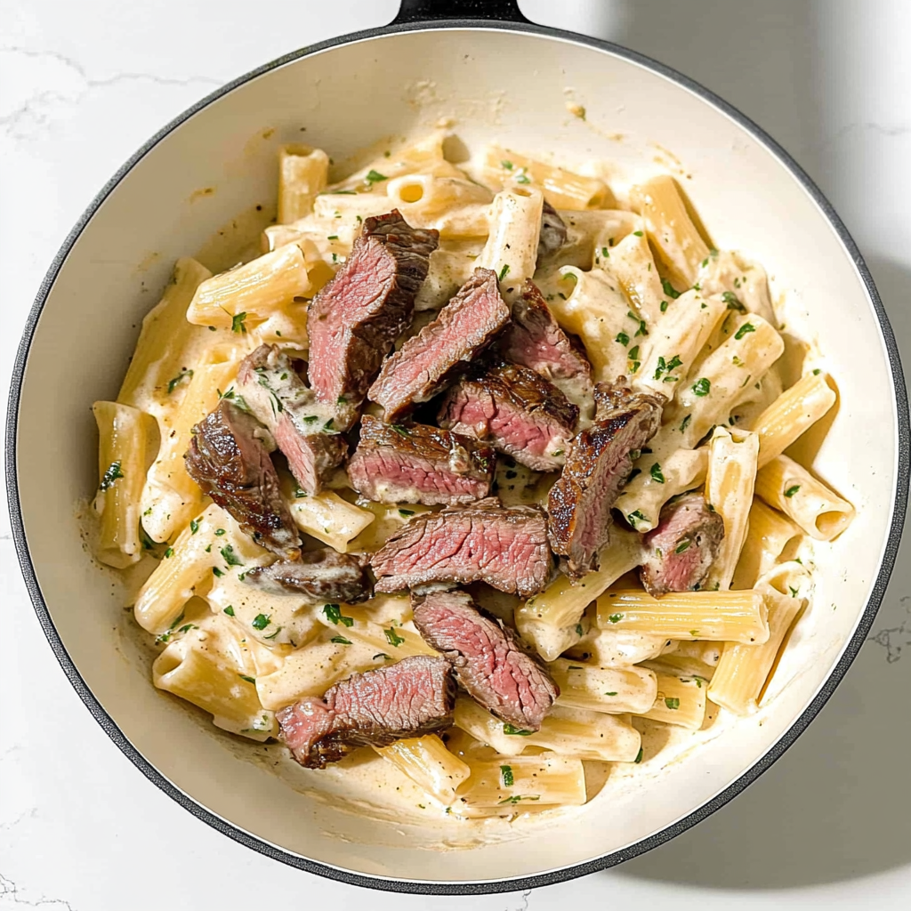 Recipe preparation for Creamy Steak Pasta Whiskey Sauce