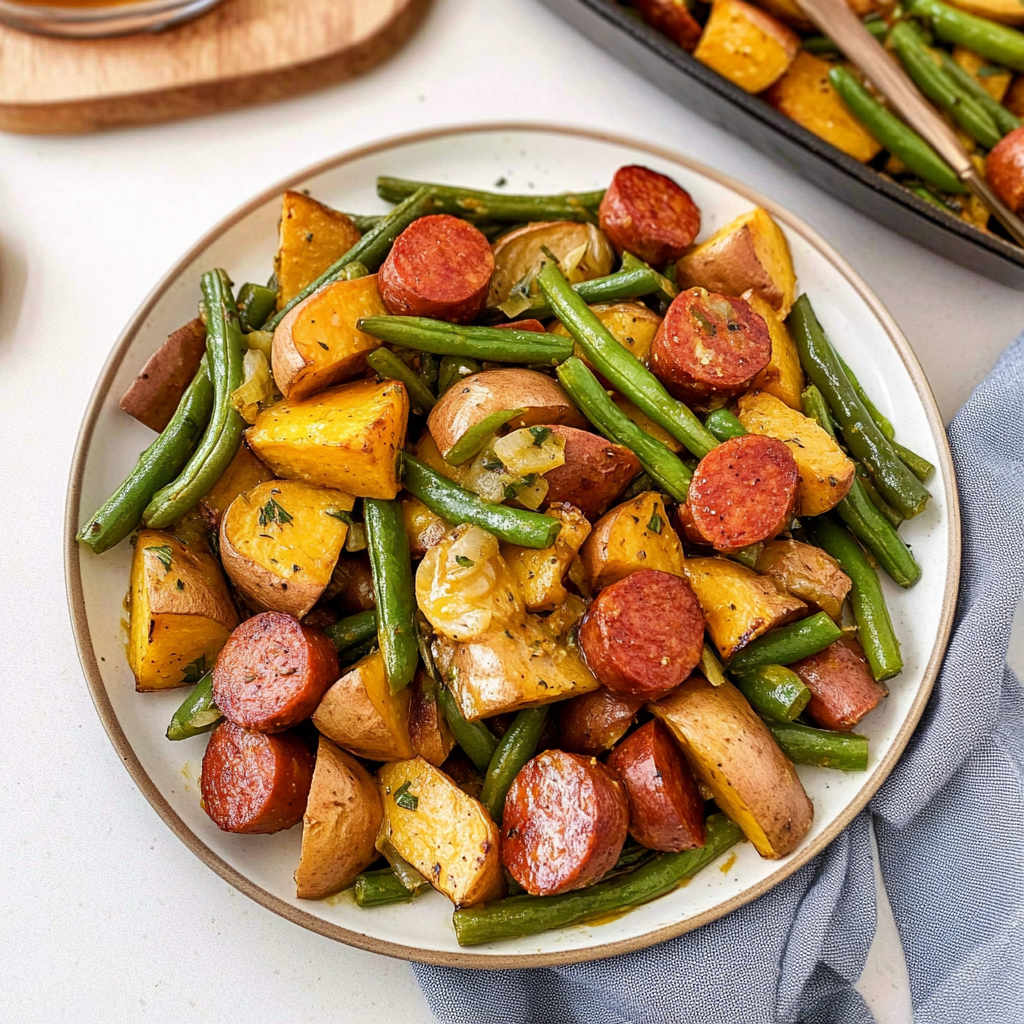 Recipe preparation for Sheet Pan Kielbasa with Sweet Potatoes and Green Beans