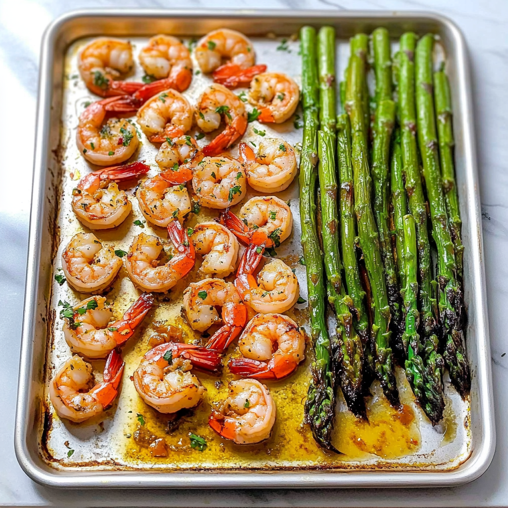 Recipe preparation for Sheet Pan Garlic Butter Shrimp and Asparagus