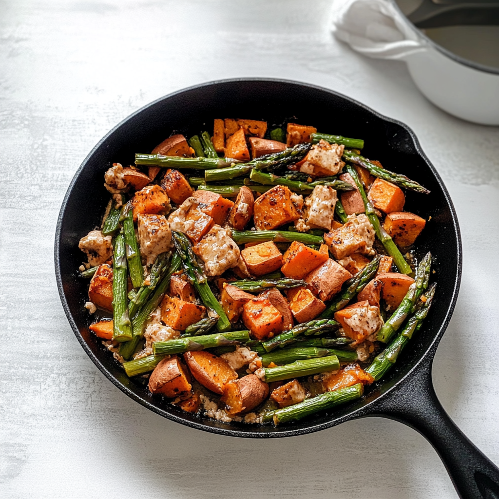 Recipe preparation for Asparagus Sweet Potato Skillet