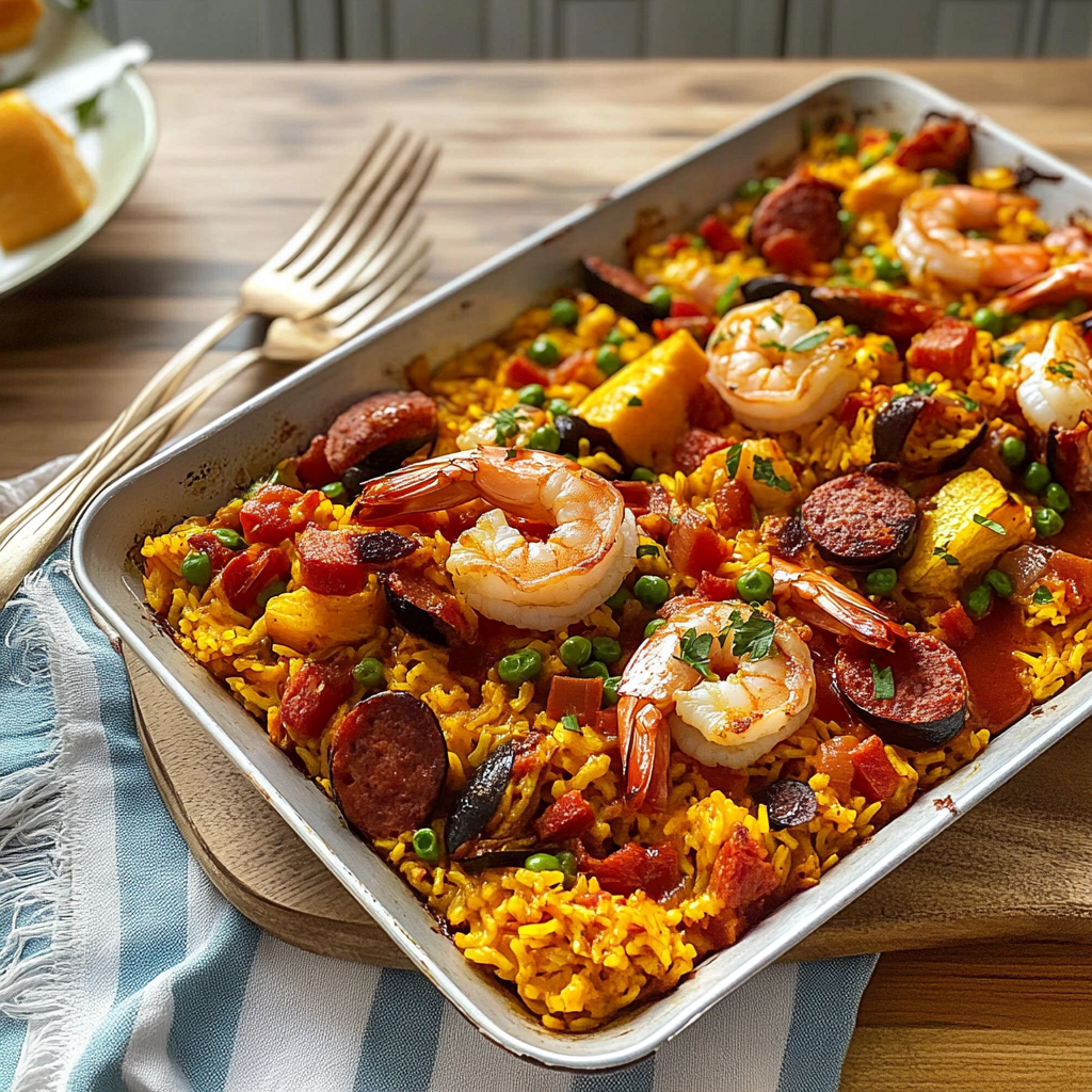 Recipe preparation for Sheet Pan Shrimp & Chorizo Paella-Style Bake