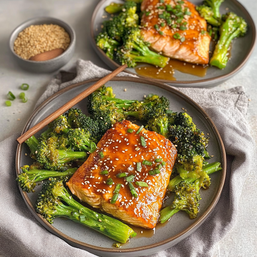 Recipe preparation for Sheet Pan Miso-Glazed Salmon with Sesame Broccoli