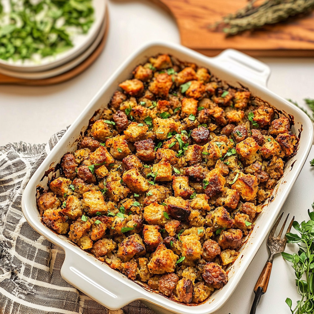 Recipe preparation for Sheet Pan Sausage Stuffing Bake