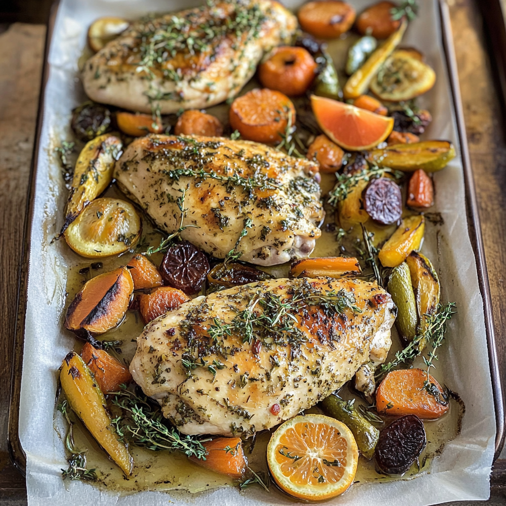Recipe preparation for Herb Grapefruit Sheet Pan Chicken with Roasted Vegetables