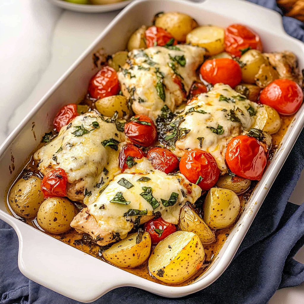 Recipe preparation for Sheet Pan Mozzarella Chicken, Potatoes and Vegetables